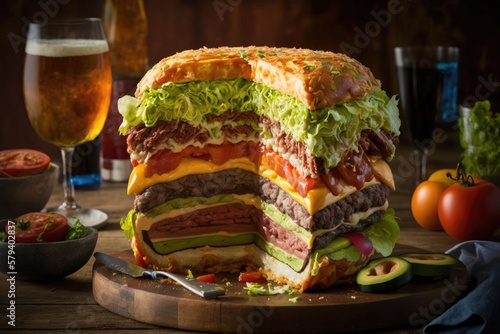 Juicy, massive burger with 10 distinct layers that form an towering, AI generated