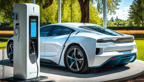 EV futuristic sport car charging with charger at electric charge station, Generative AI