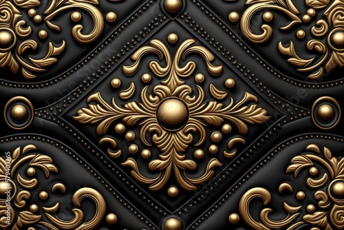 Black leather texture adorned with gold decorative, generative AI