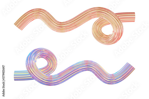 Abstract glass geometric composition, iridescent holographic crystal shapes with gradient texture in motion  Spiral twisted fluid forms, isolated digital art object transparent back. 3D illustration. 