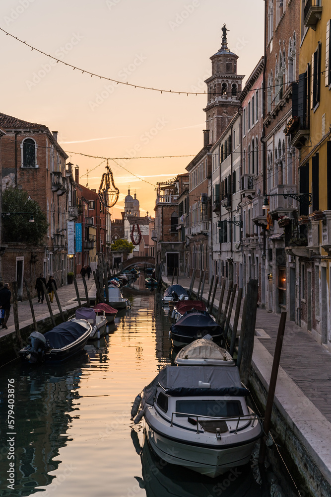 A view of a canal and typical architecture in Venice, Italy, in the springtime 
