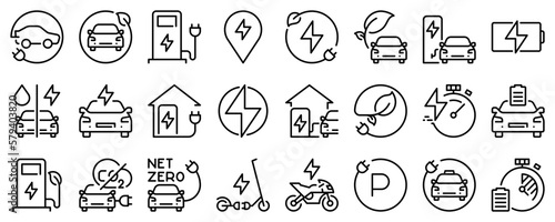 Line icons about electric vehicles on transparent background with editable stroke.