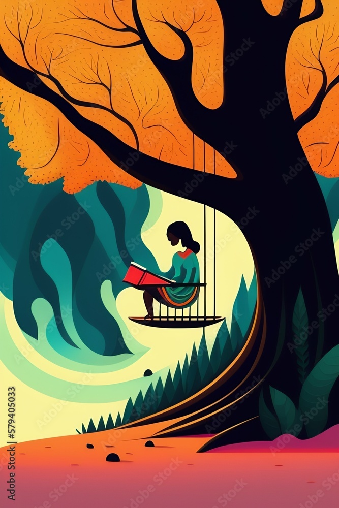 Obraz premium Flat ilustration character of a black woman reading book.