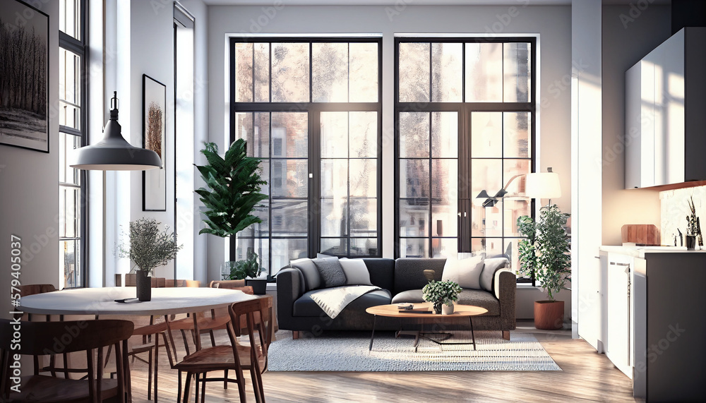 Realistic Illustration of modern light apartment with big window, Generative AI Realistic Illustration of modern light apartment with big window, Generative AI