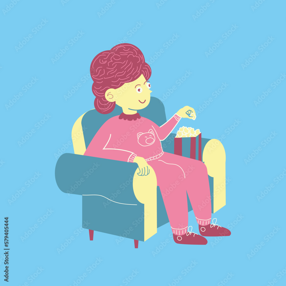 person sitting in armchair, person lying down, person eating popcorn person sitting in armchair, person lying down, person eating popcorn