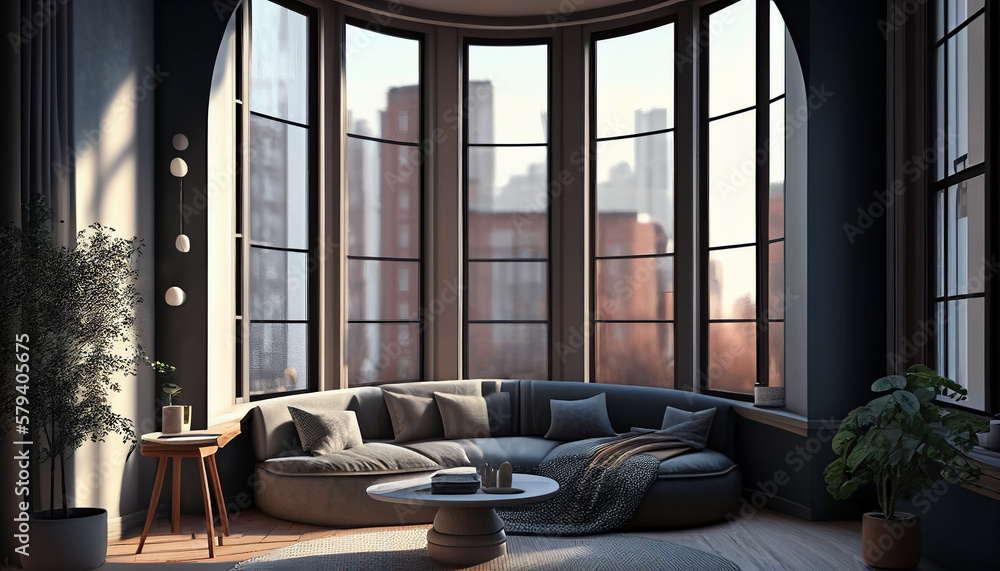 Realistic Illustration of modern light apartment with big window, Generative AI