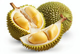 Close-up view of durian fruit isolated on white background. Created with generative AI technology.