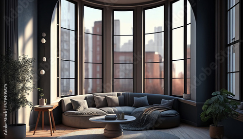 Realistic Illustration of modern light apartment with big window, Generative AI