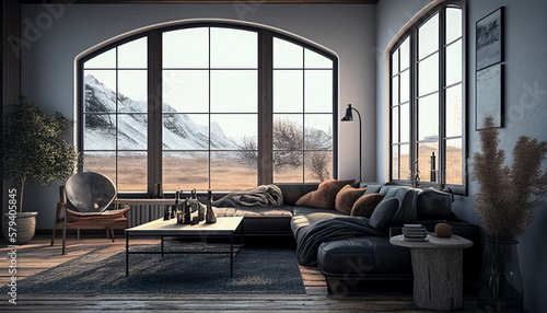 Realistic Illustration of modern light apartment with big window, Generative AI © drizzlingstarsstudio