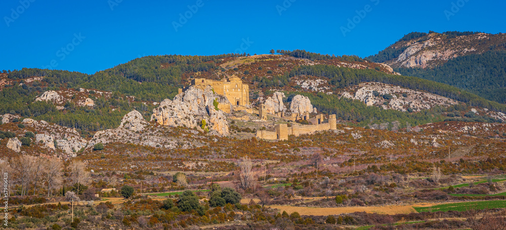 castle of loarre seen from the road of the village loarre spain