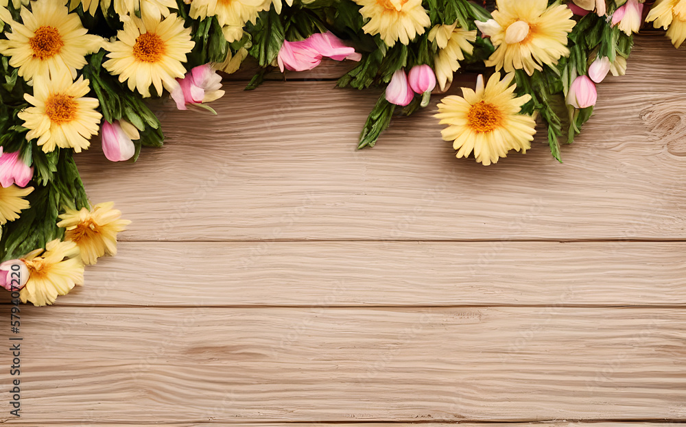 Fototapeta premium flowers on wooden background, generative ai spring time banner, blossoms on wooden floor / wooden boards / timber surface, season spring design