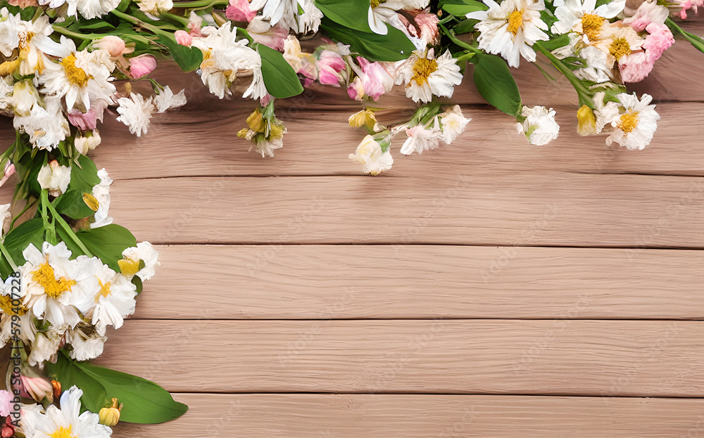 flowers on wooden background, generative ai spring time banner, blossoms on wooden floor / wooden boards / timber surface, season spring design flowers on wooden background, generative ai spring time banner, blossoms on wooden floor / wooden boards / timber surface, season spring design