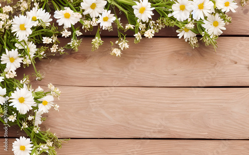 flowers on wooden background, generative ai spring time banner, blossoms on wooden floor / wooden boards / timber surface, season spring design © 39