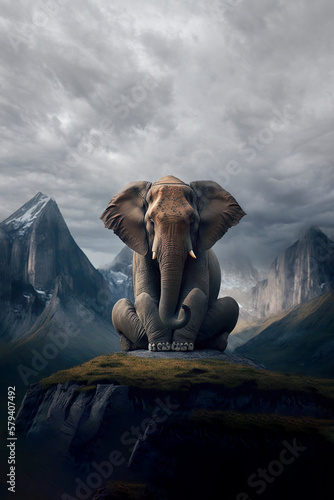 An elephant sitting on top of a mountain.Generative AI illustration.