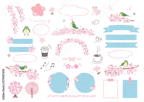 桜の枝にとまるメジロと春のフレームデザイン素材