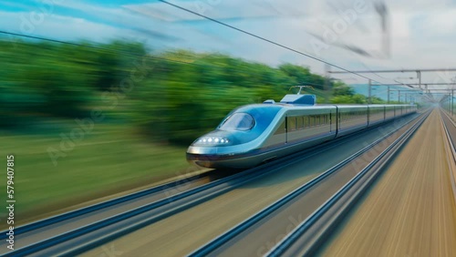 Fast modern high-speed train speeding through the mountainous landscape. 4K HD