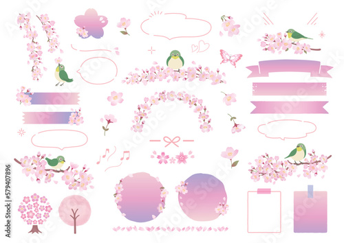 桜の枝にとまるメジロと春のフレームデザイン