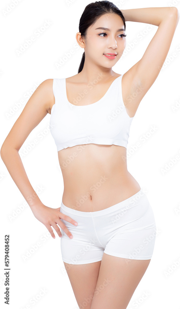 Portrait young asian woman smiling beautiful body diet with fit, model girl weight slim with cellulite or calories, health and wellness concept.