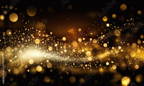 Magical light effect with golden glares bokeh on a black background. Generative AI.