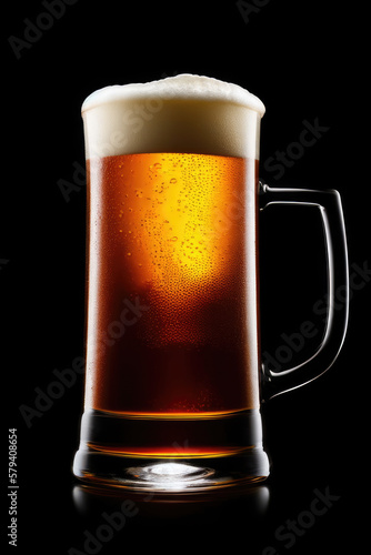 Cold glass lager beer with foam bubbles. Generating with AI