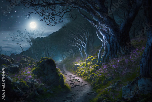 Path in dark fairy tale forest with full moon glowing  generative ai.