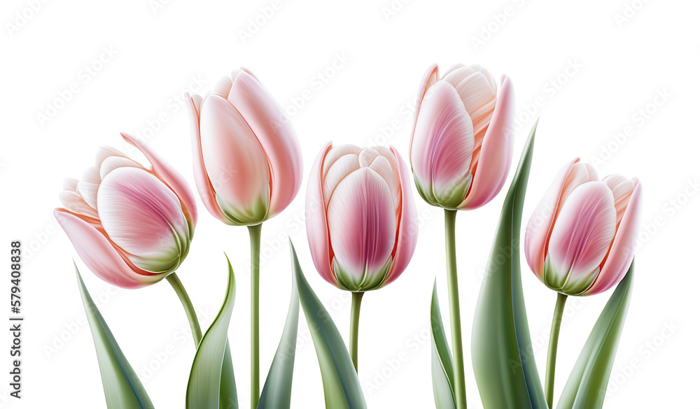 Five pink tulips on white background. Generative AI. Five pink tulips on white background. Generative AI.