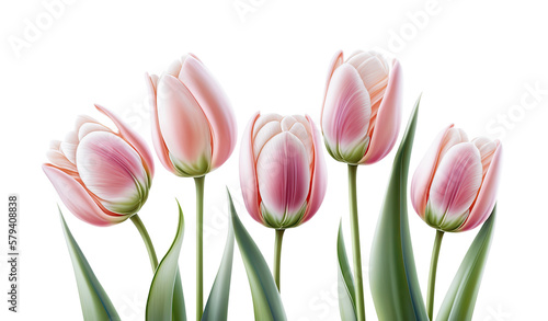 Five pink tulips on white background. Generative AI.
