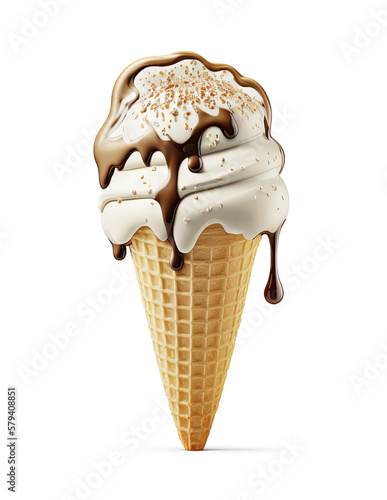 Ice cream with chocolate on a white background. Generative AI.