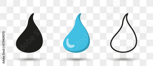 Liquid drop icons collection in different style with shadow. Set of water drop icons