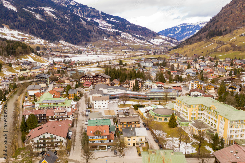 Drone photography of mountain alp town in mountain valley