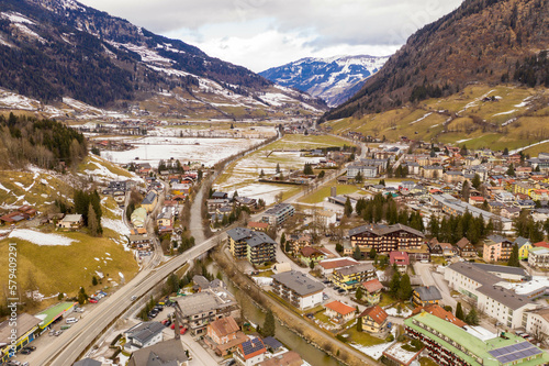 Drone photography of mountain alp town in mountain valley © M
