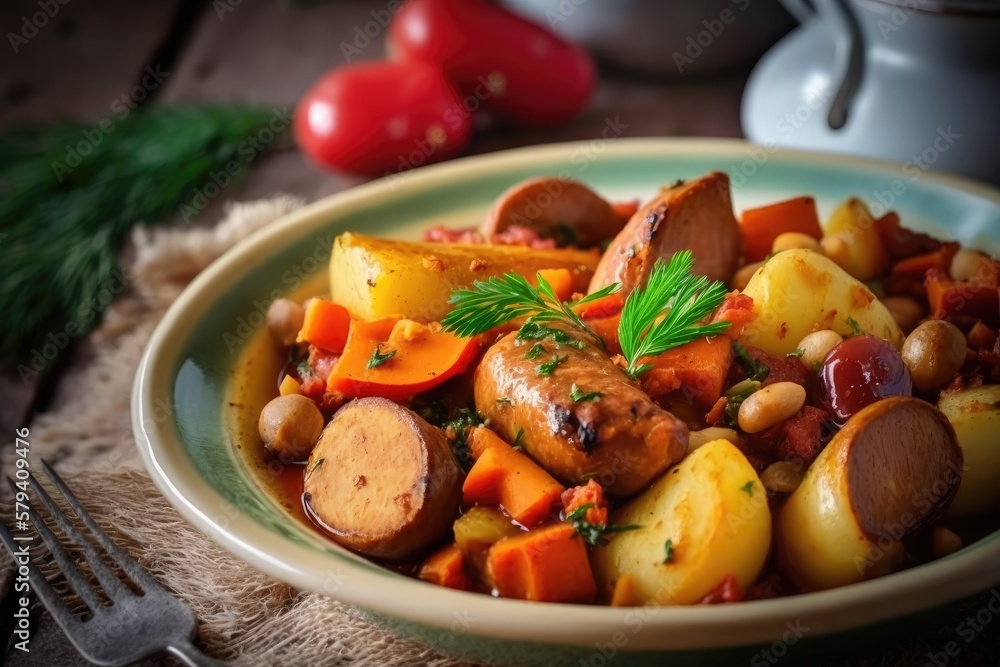 Vegetable stew of sausages Vegetable stew of sausages