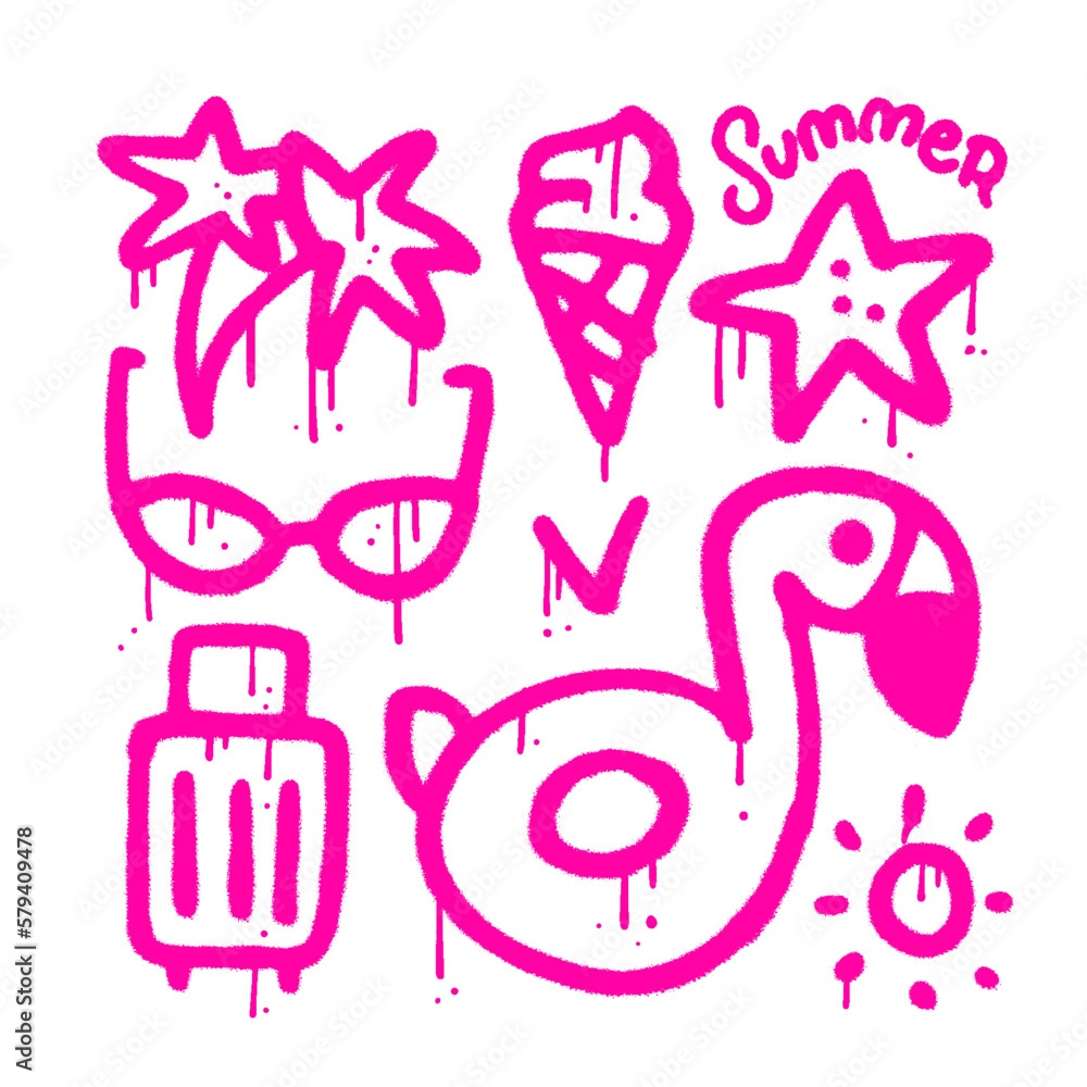 Sumer holiday elements set in simple urban graffiti style isolated on white background - bag, flamingo ring, palm, icecream and sunglasses. Spray textured vector illustration for t-shirts, banners