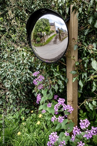 Convex circular traffic driveway mirror on post with flowers