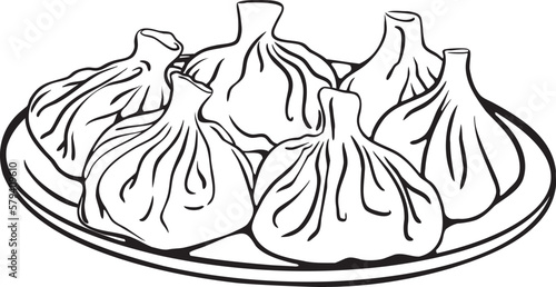 Black and white isolated sketch illustration of Khinkali