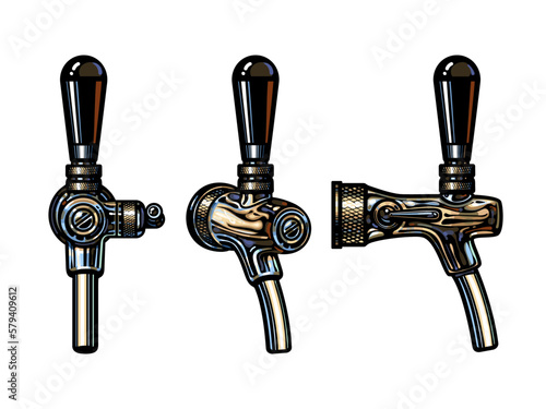 Beer tap front, side and three quarter view. Hand drawn vector illustration isolated on white background.