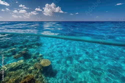 Waters of the Caribbean with a clear blue sky. Generative AI