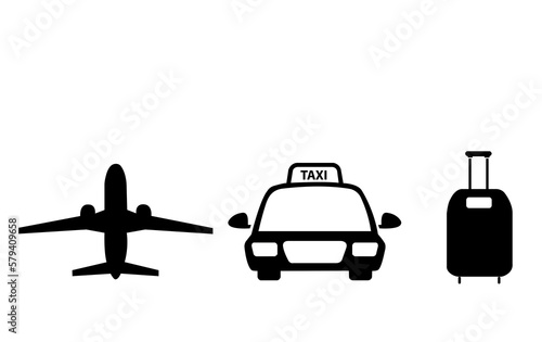 Signo de ilustración de icono de medios de viaje, avión, taxi, maleta. Vista de frente
