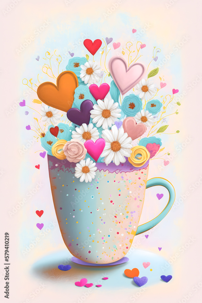 Blumen Tasse Romantisch gemalt oder gezeichnet mit vielen Details Blumen Tasse Romantisch gemalt oder gezeichnet mit vielen Details