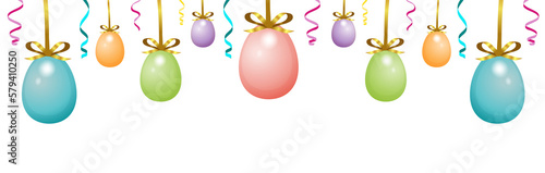 Pancarta con guirnalda de huevos de pascua, ilustración vectorial con lindos huevos de colores colgantes. Sin fondo