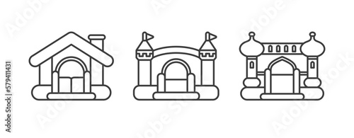 Bounce house icons. Inflatable children's trampolines for games on playground, family parties, kids zone. Front view. Set of vector outline illustrations isolated on white background