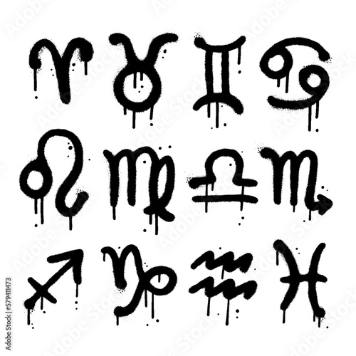 Set of black paint sprayed zodiac signs in urban grunge graffiti style. Textured hand drawn vector illustration with leaks and drops.