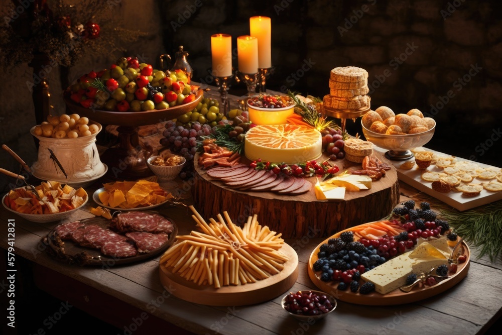 the spread of delicious treats on the holiday table. buffet spreads of fruit, cheese, canapés, and cold meats. Catering. Generative AI