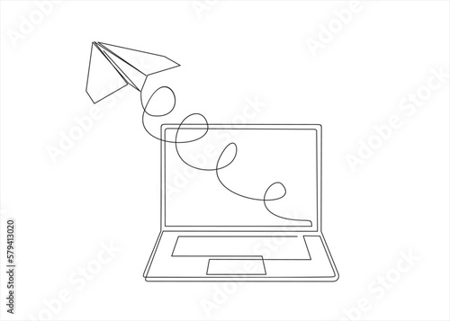 Laptop and paper plane, e mail list building illustration continuous one line art illustration. Can used for logo, emblem, slide show and banner.