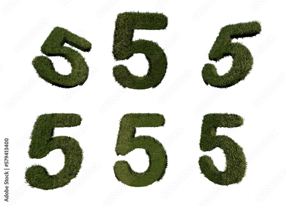 3d rendering number 5 from grass in different positions