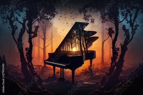 the piano's nature and concept as music. Imaginary woods with a glowing sunset and a mysterious black grand piano. Generative AI