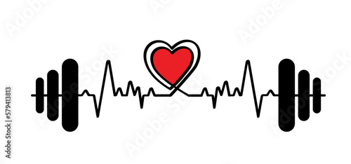 Cartoon barbell weight with love heart and heartbeat line pulse. Strength symbol. Hands lifted barbell weight. Weightlifting training concept. Weightlifter lifts big or heavy weight barbell. 