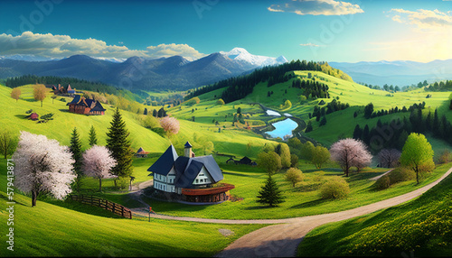 Realistic panorama landscape of spring village with green meadow and mountain