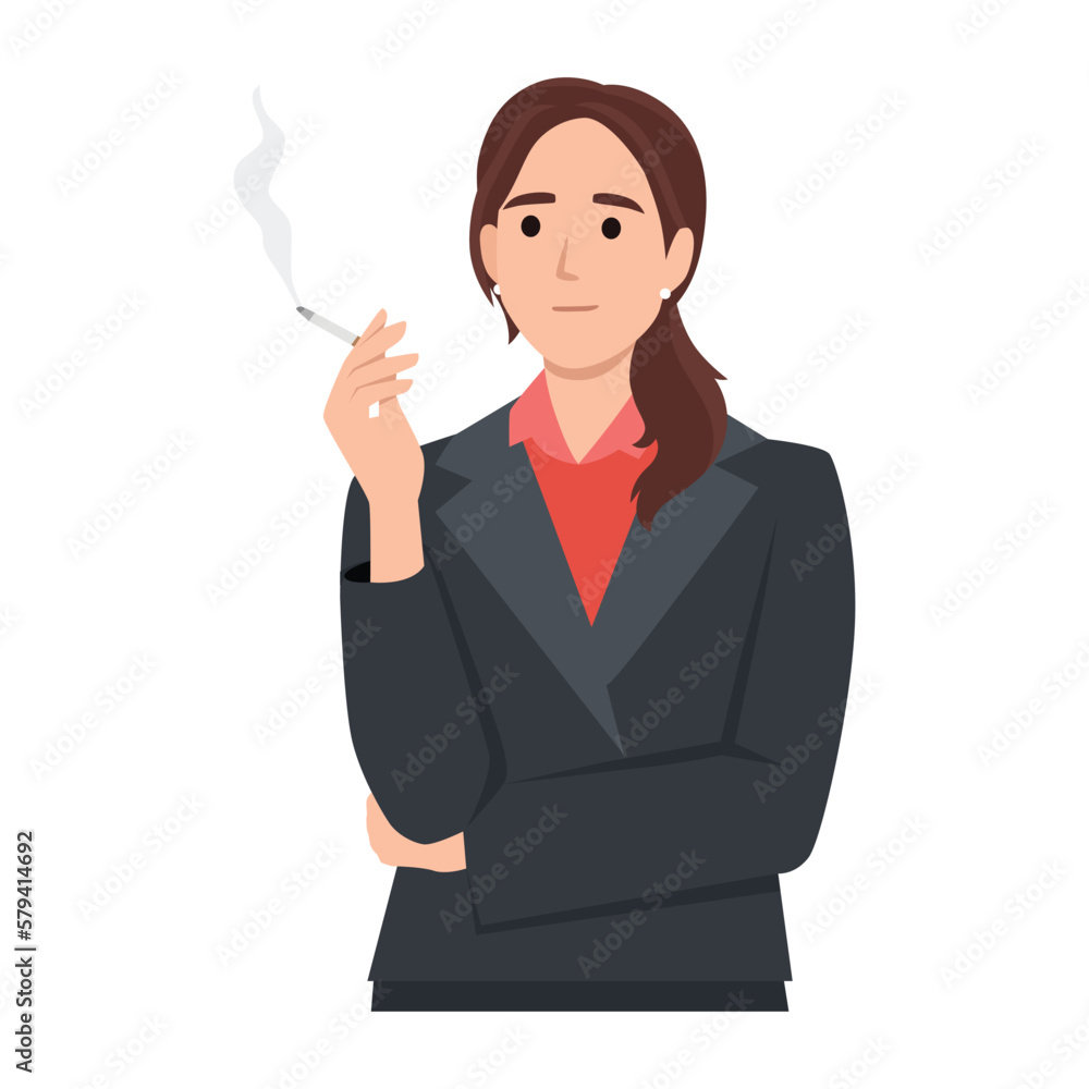 Business woman smoking cigarette to release stress. Flat vector illustration isolated on white background Business woman smoking cigarette to release stress. Flat vector illustration isolated on white background