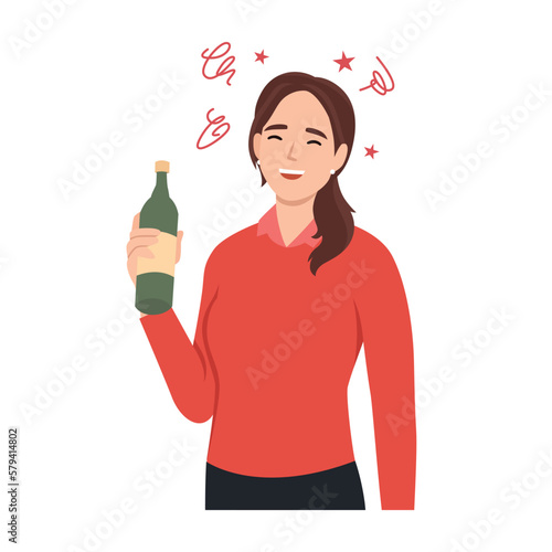 Drunk woman with alcohol bottle in her hand flat design. Drinking beer after work. Alcohol addiction.